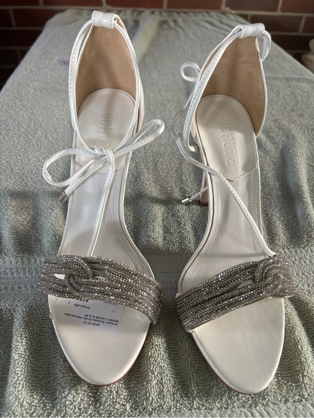 SCHUTZ White Beaded Ankle-Tie Heels